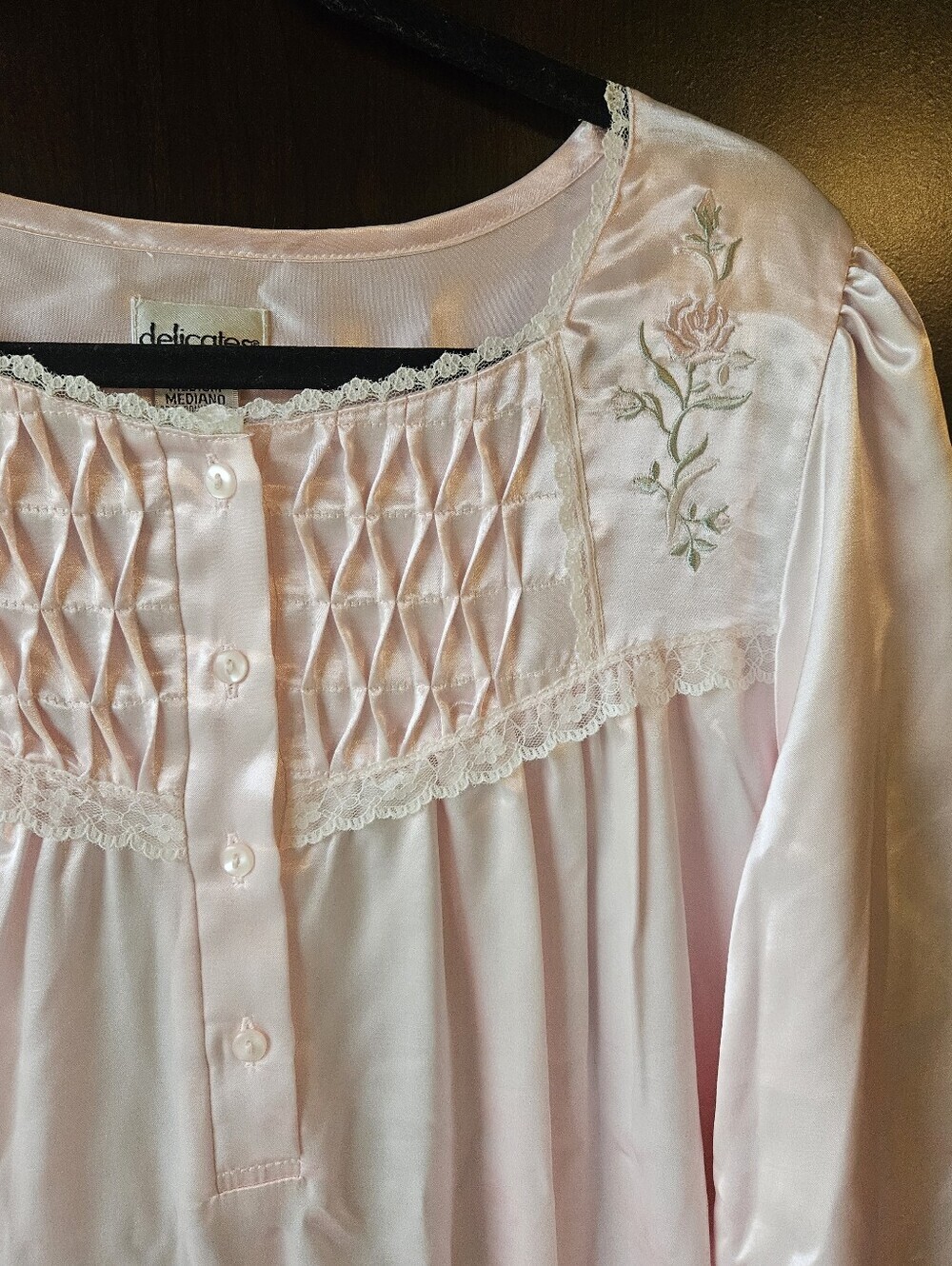 NWT Delicates Pink Satin Smocked Nightgown Size Medium - Picture 2 of 5